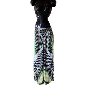 Arden B Loose fit wide leg pants. Geometric design. Green & Black/White. Size S